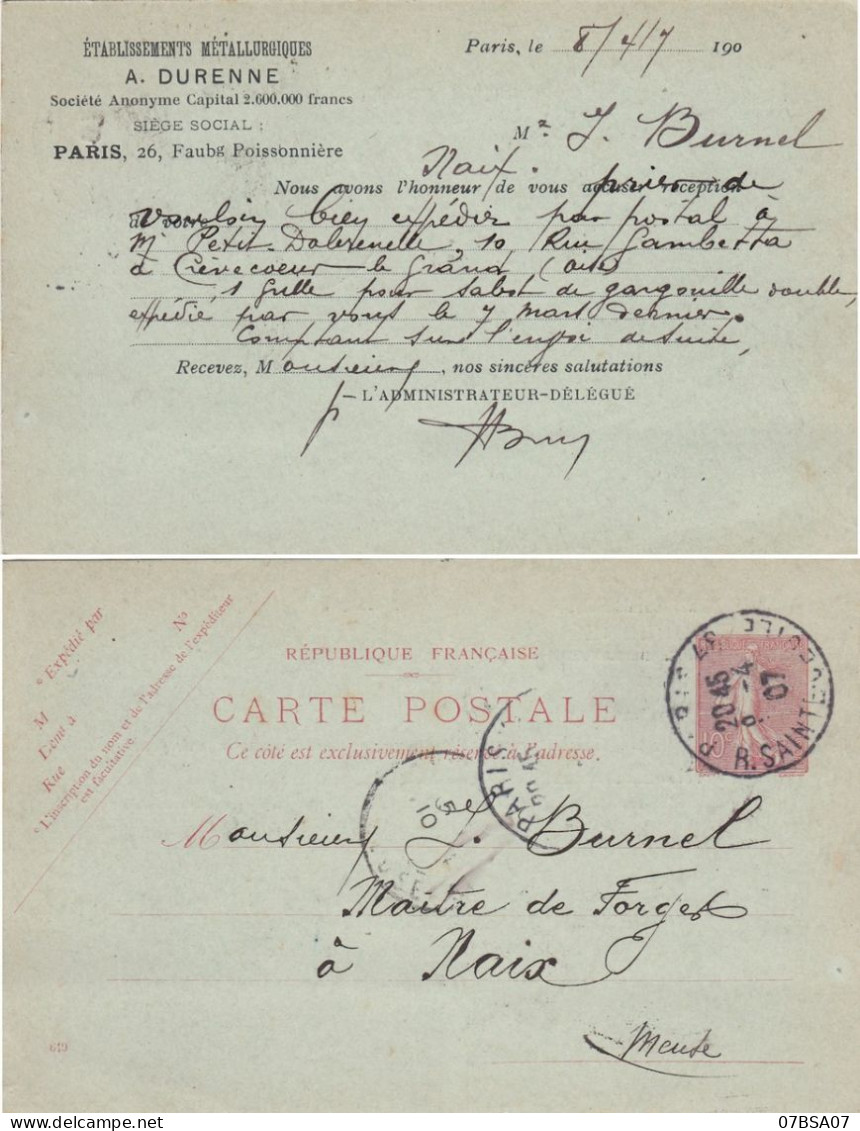 PARIS ENTIER POSTAL REPIQUE 1907 REPIQUAGE ET. METALLURGIQUES A. DURENNE - 1877-1920: Semi Modern Period