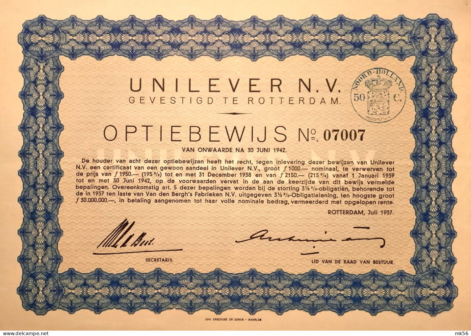 Optiebewijs Unilever N.V. Te Rotterdam 1937 - Otros & Sin Clasificación