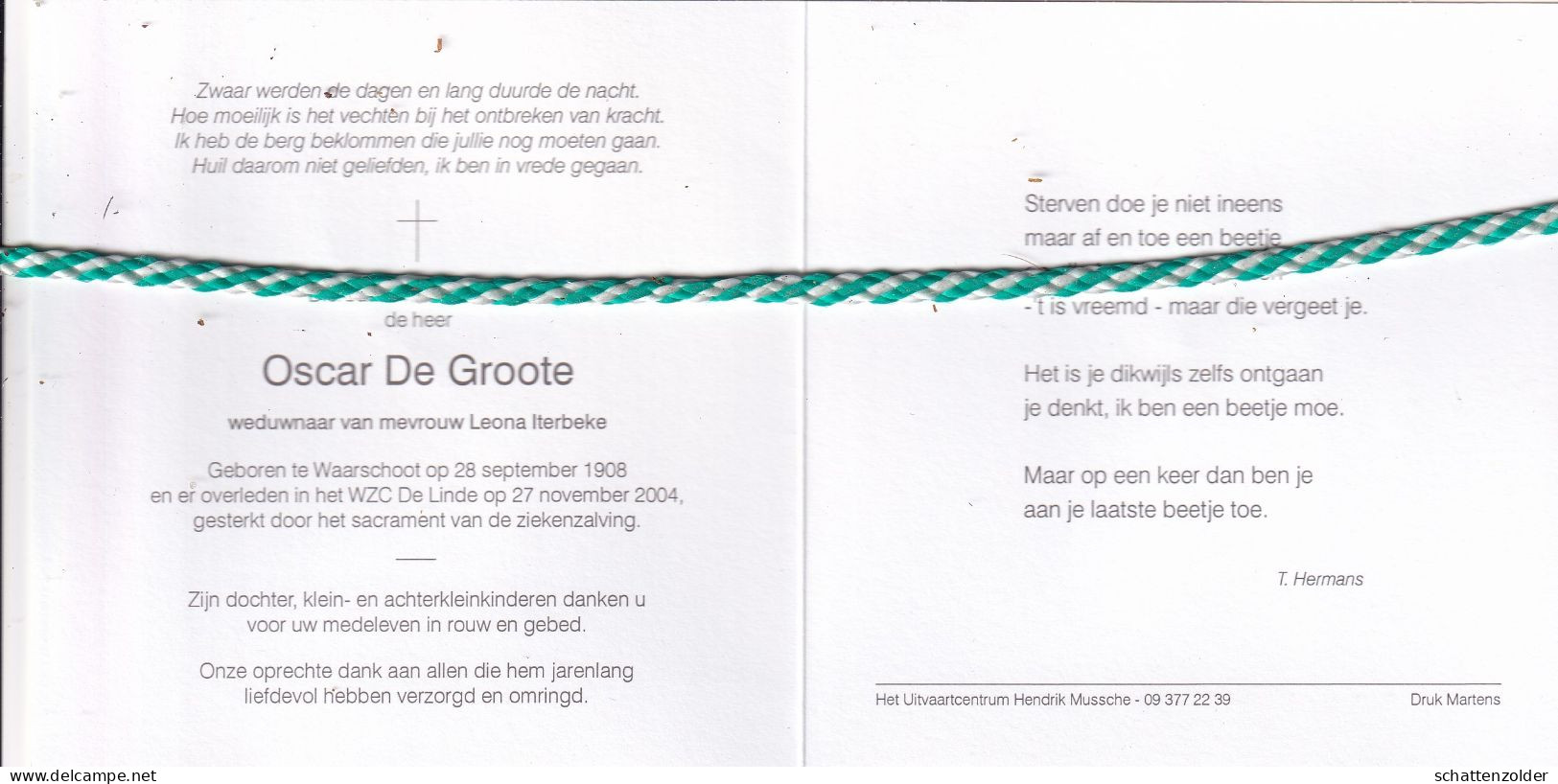 Oscar De Groote-Iterbeke, Waarschoot 1908, 2004. Foto - Obituary Notices