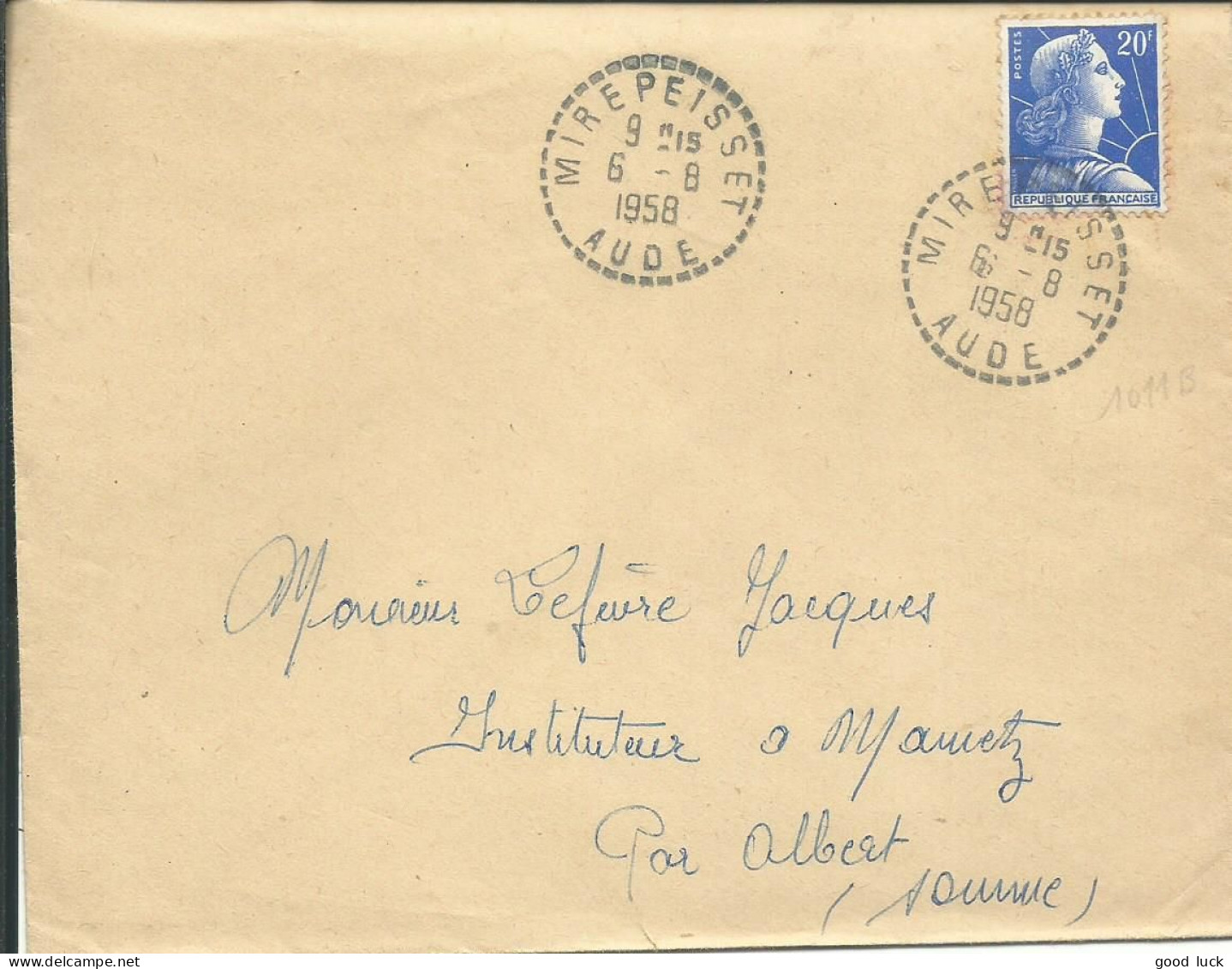 FRANCE LETTRE 20F MIREPEISSET ( AUDE ) POUR MAMETZ ( SOMME )  DE 1958 LETTRE COVER - 1921-1960: Période Moderne