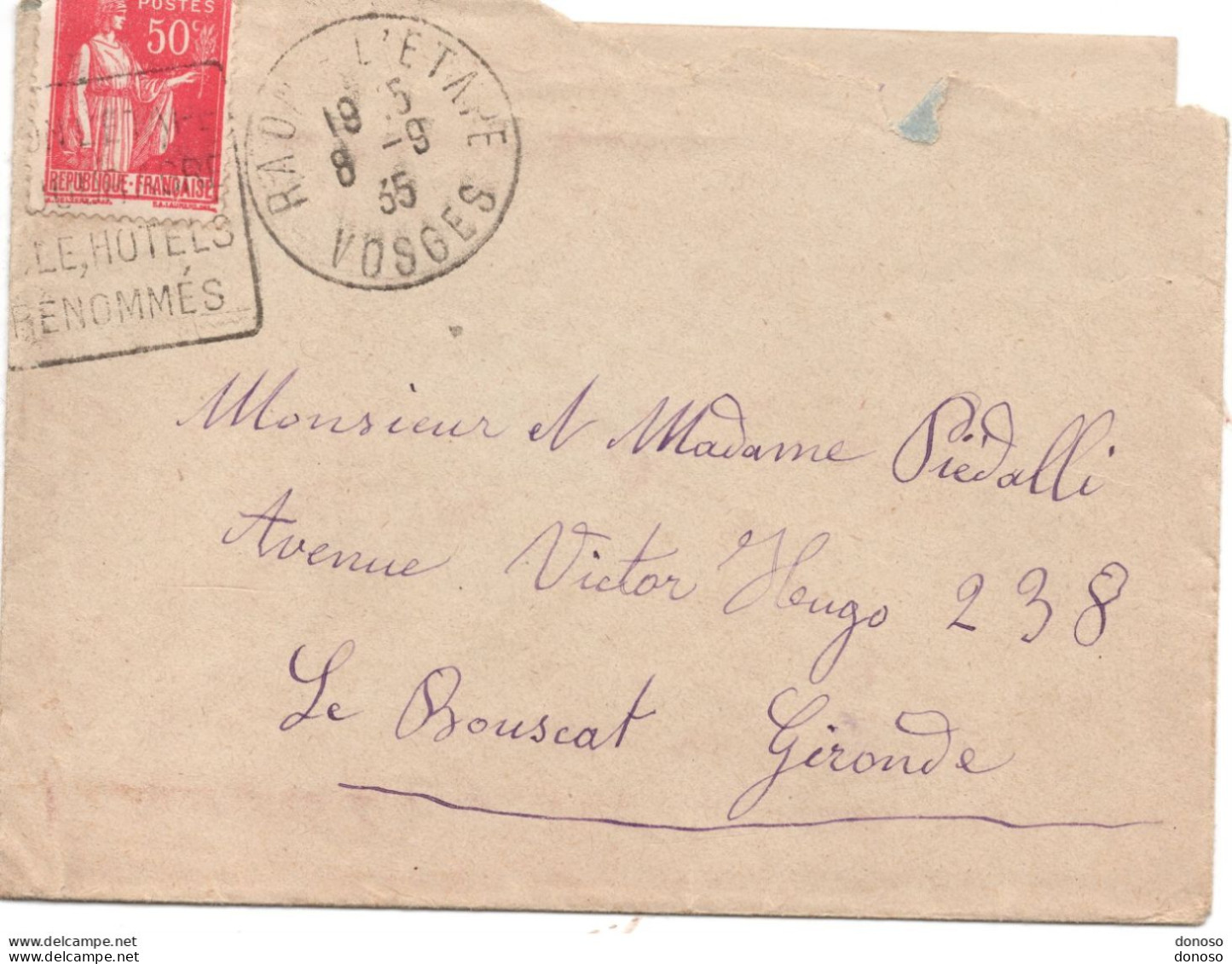 Lettre De 1936 De Raon L'étape Pour Le Bouscat, Type Paix - 1921-1960: Modern Period
