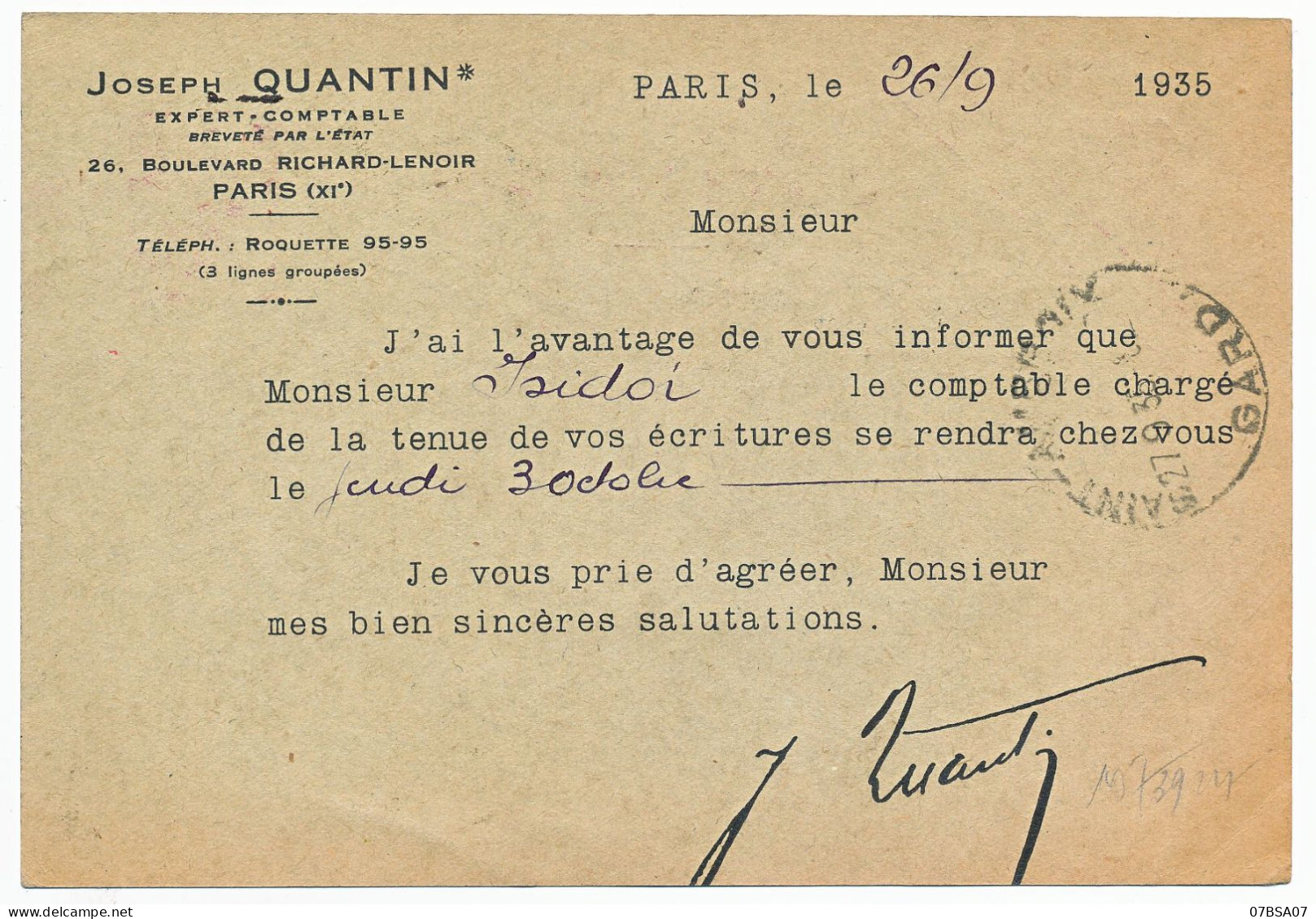 PARIS ENTIER CP 40C PAIX 1935 REPIQUAGE JOSEPH QUENTIN BLD RICHARD LENOIR PARIS XI° - 1932-39 Vrede