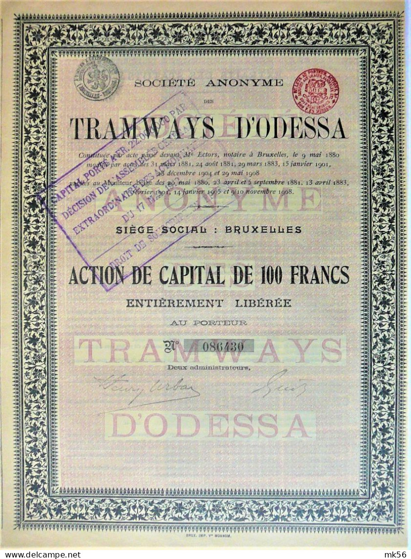2 X S.A. Tramways D'Odessa - Action De Capital 100 Fr - Railway & Tramway