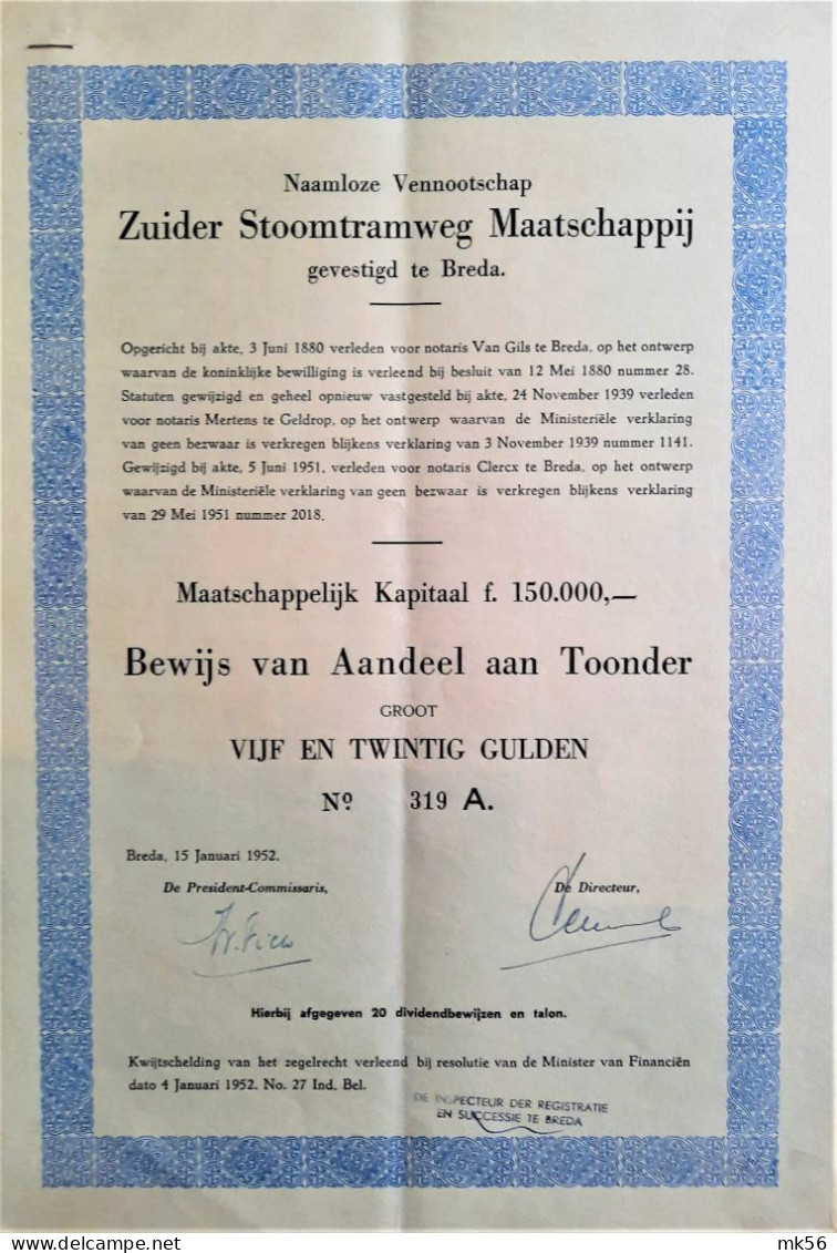 N.V. Zuider Stoomtramweg Maatschappij Gevestigd Te Breda (1952) - Chemin De Fer & Tramway