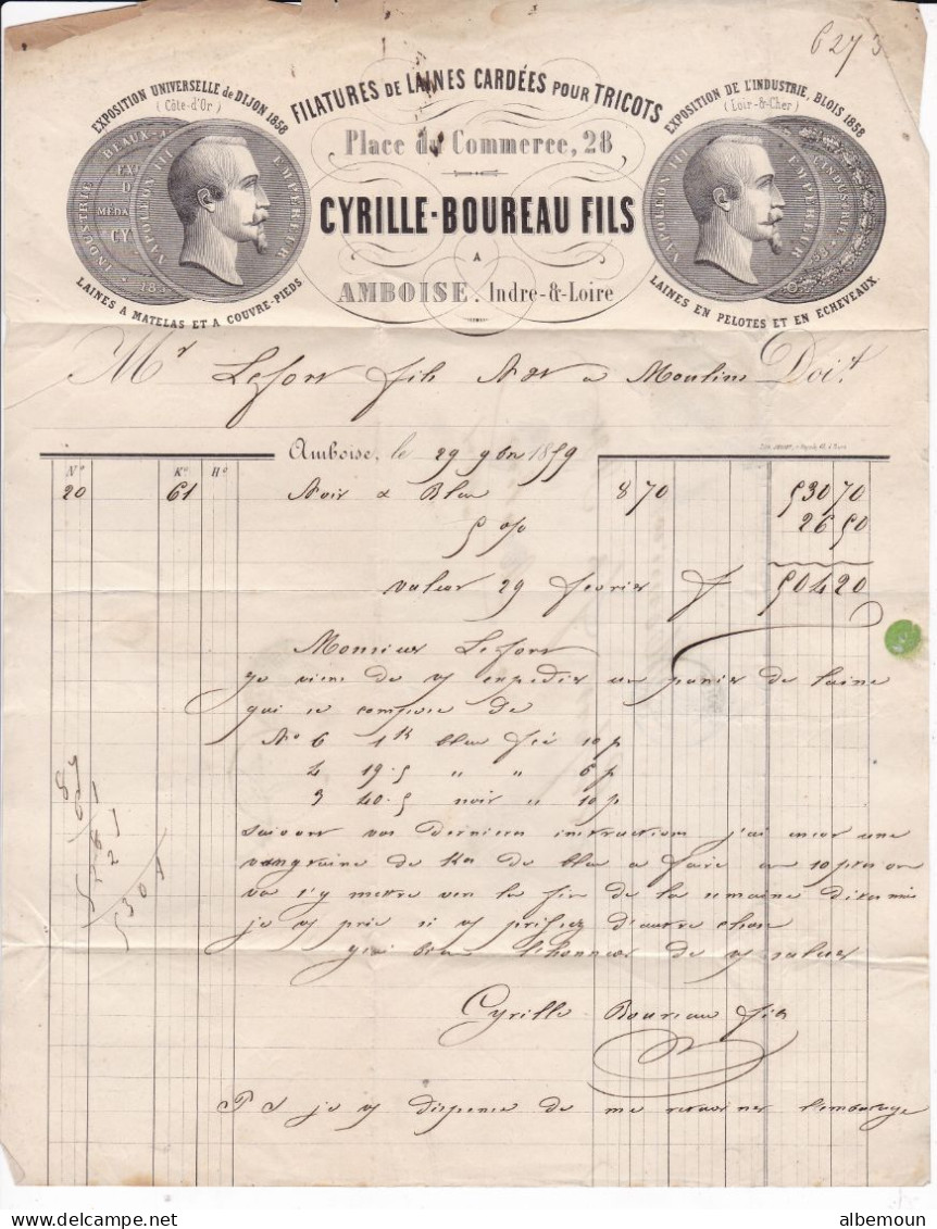 Facture CYRILLE-BOUREAU FILS Laines Cardée à Amboise Pour Lefors Fils à Moulin 1899 - 1800 – 1899
