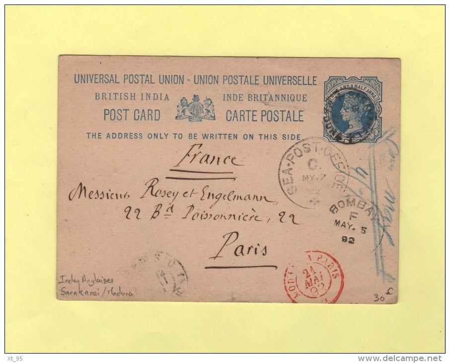 Inde - Madura - Sarakanei - Sea Post Office - Destination Paris Via Bombay - 1892 - Ambulant Modane A Paris - 1882-1901 Empire