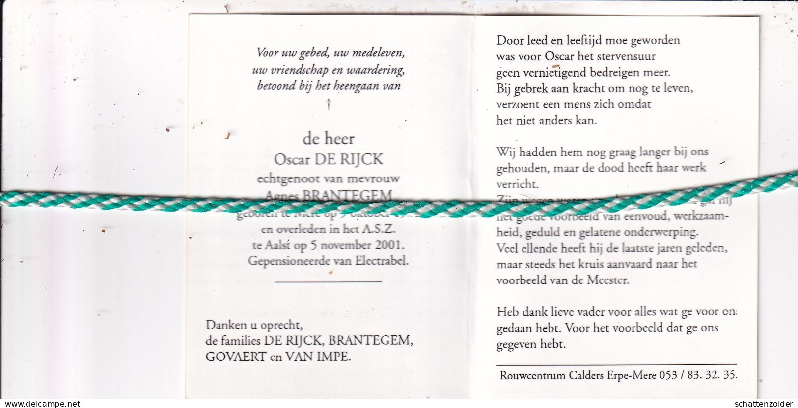 Oscar De Rijck-Brantegem; Mere 1920, Aalst 2001. Foto - Obituary Notices