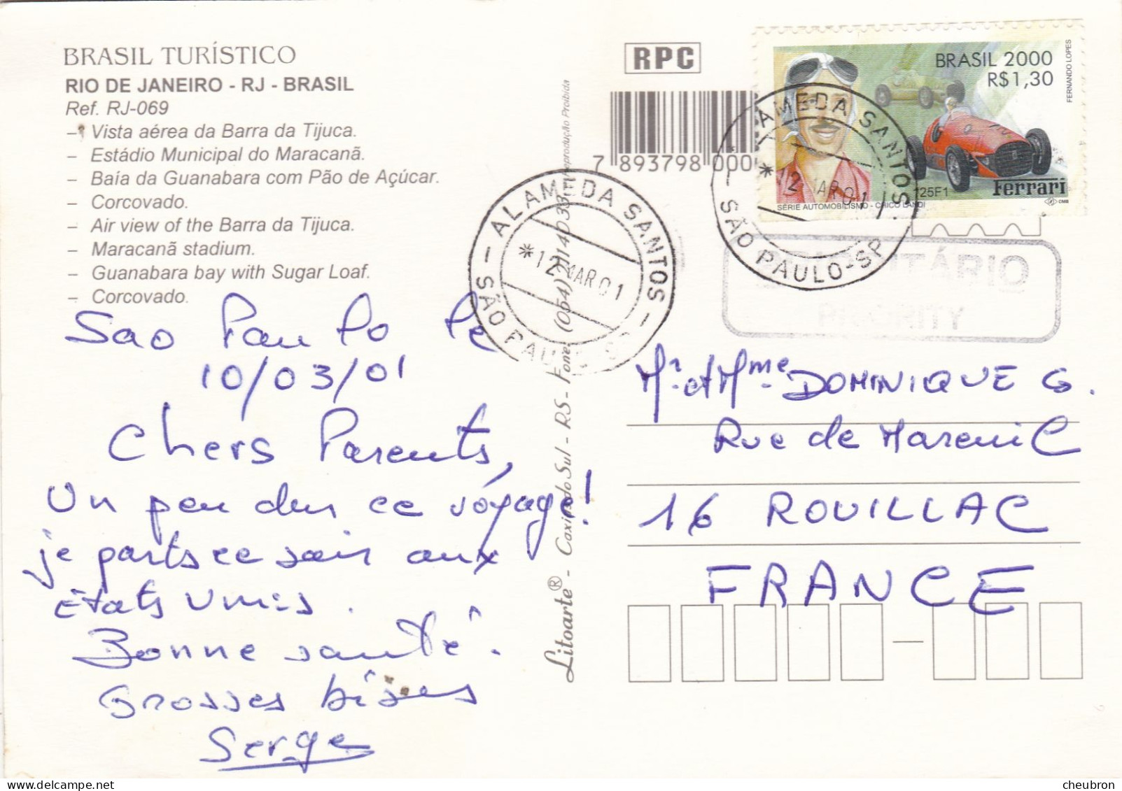 BRESIL.SAO PAULO ( ENVOYE DE). RIO DE JANEIRO.MULTIVUES. MARACANA STADIUM. ANNEE 2001+TEXTE+TIMBRE .FERRARI CHICO LANDI - Rio De Janeiro