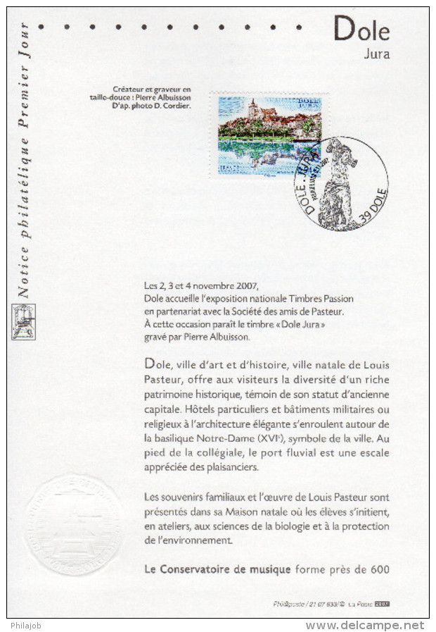 " DOLE / PASTEUR " Sur Notice Officielle 1er Jour De 2007. N° YT 4108. Parfait état. FDC à Saisir !!! - Louis Pasteur