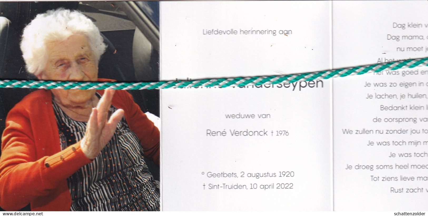 Julienne Vanderseypen-Verdonck, Geetbets 1920, Sint-Truiden 2022. Honderdjarige. Foto - Obituary Notices