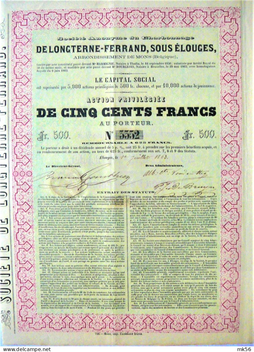 S.A. Du Charbonnage De Longterne-Ferrand - 1863 !! - Mijnen