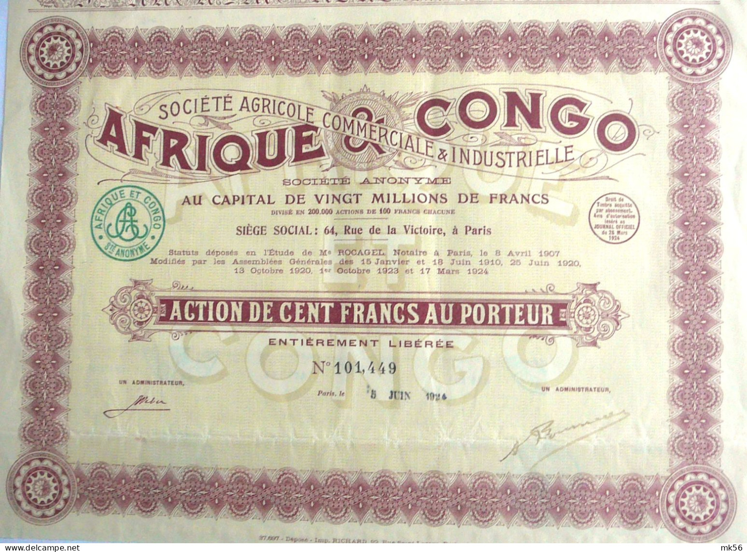 S.A. Afrique Et Congo - Action De 100 Fr Au Porteur (1924) - Afrika