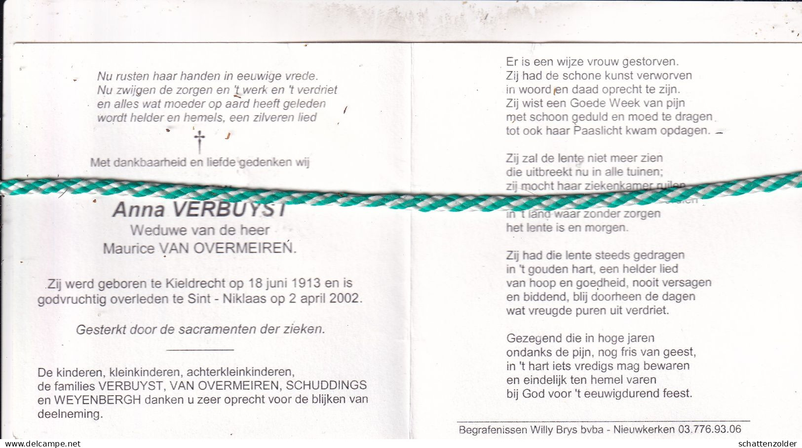 Anna Verbuyst-Van Overmeiren, Kieldrecht 1913, Sint-Niklaas 2002. Foto - Obituary Notices