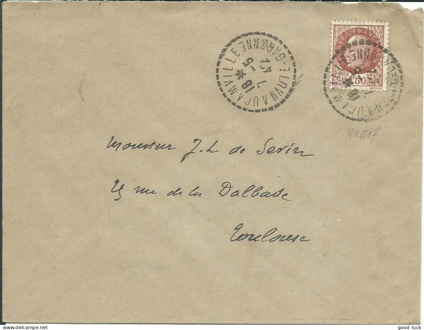 FRANCE LETTRE 1F50 AUCAMVILLE ( HAUTE GARONNE ) POUR TOULOUSE  DE 1942 LETTRE COVER - 1921-1960: Modern Period