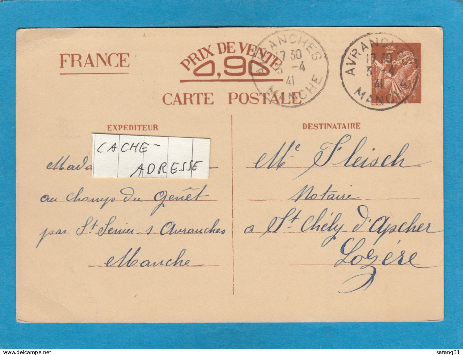 ENTIER POSTAL D'AVRANCHES POUR ST. CHELY D'APCHER,1941. - Cartes Postales Types Et TSC (avant 1995)