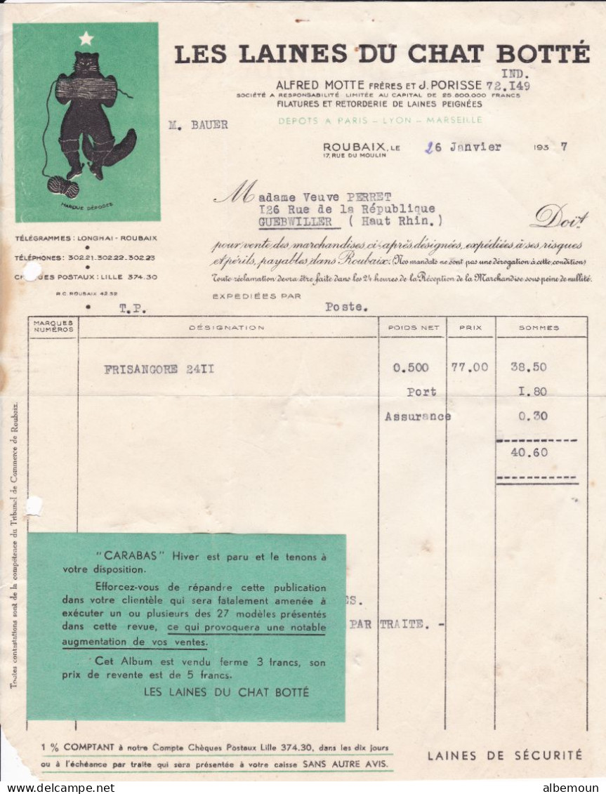 Facture Laines Du Chat Botté A.Motte & J.Porisse à Roubaix Pour Perret à Guebwiller 1937 - 1900 – 1949