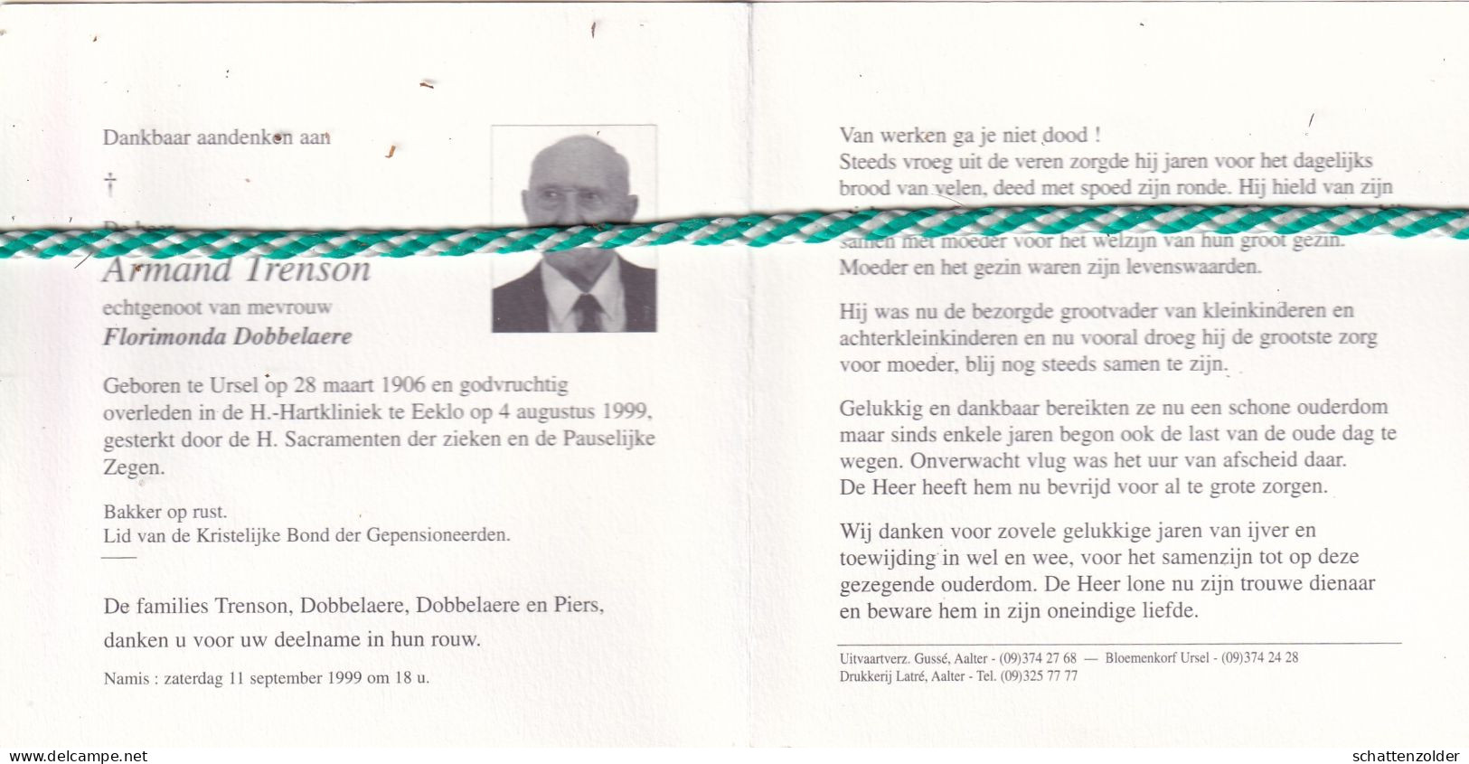 Armand Trenson-Dobbelaere, Ursel 1906, Eeklo 1999.Bakker O.r. Foto - Obituary Notices