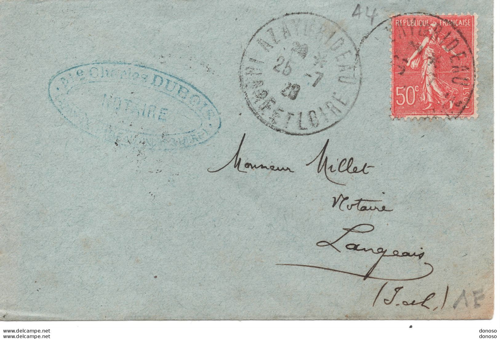 Lettre De 1928 D'Azay Le Rideau Pour Langeais 3 Cachets Différents  Type Semeuse Lignée - 1921-1960: Modern Period