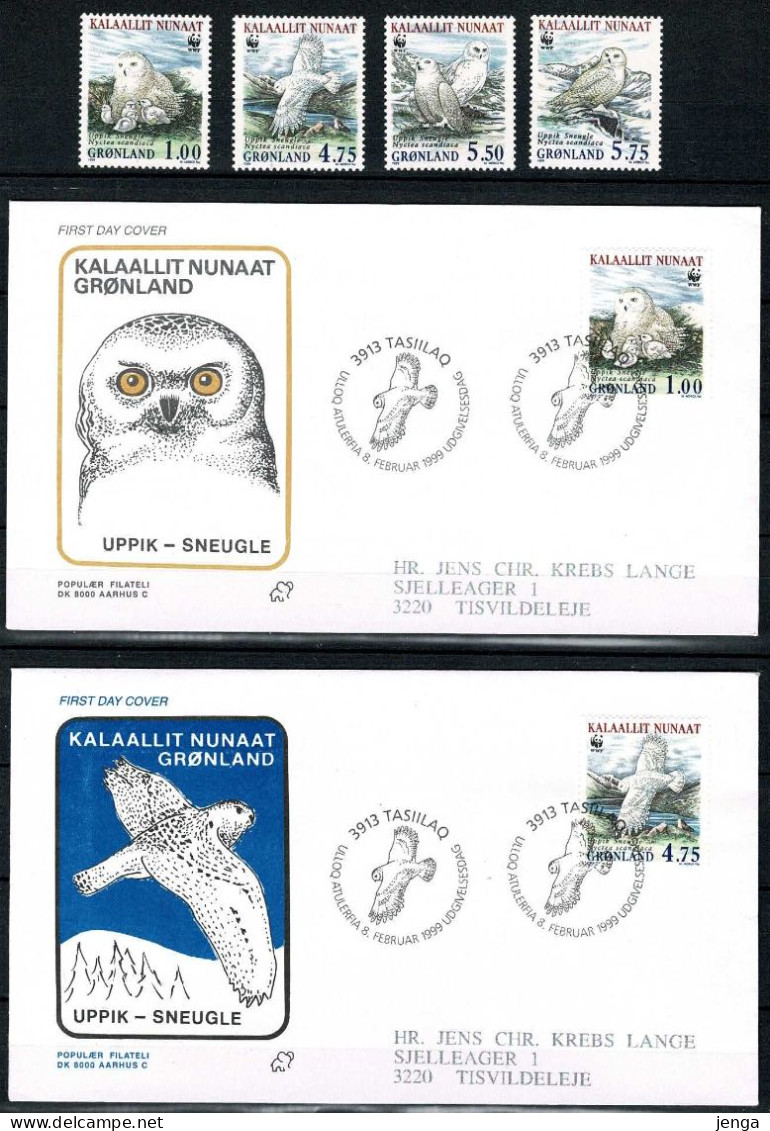 Greenland;  1999 Snow Owls - WWF Issue.  Set Of 4 MNH(**) And On FDC (Populær Filateli). - FDC