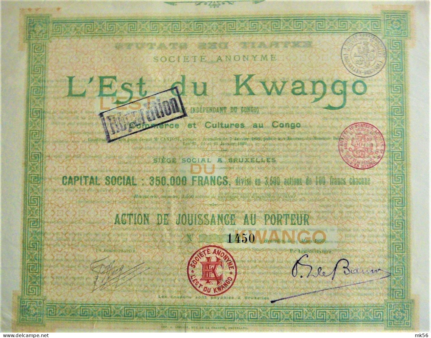 S.A. L'Est Du Kwango - Act.de Jouissance Au Porteur (1899) - Afrique