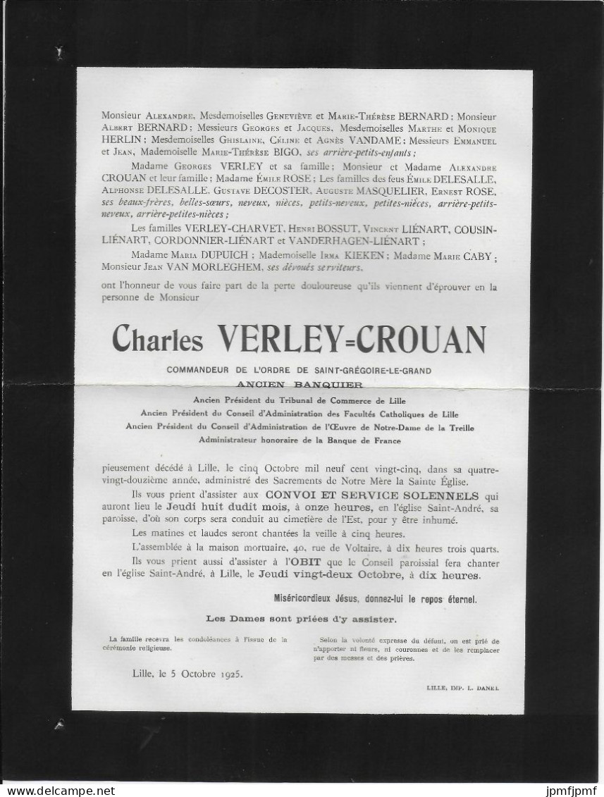 LILLE    Monsieur CHARLES VERLEY  CROUAN - Décès