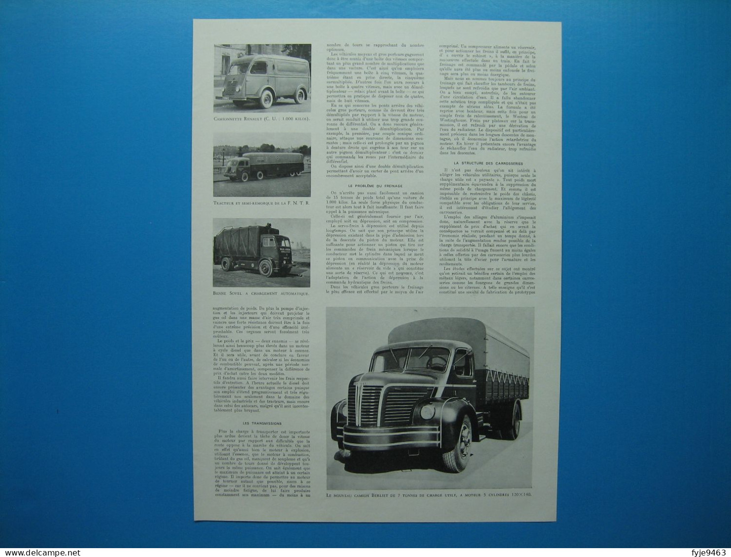 (1949) Autocars, Véhicules utilitaires, Camions et Camionnettes (document de 8 pages)