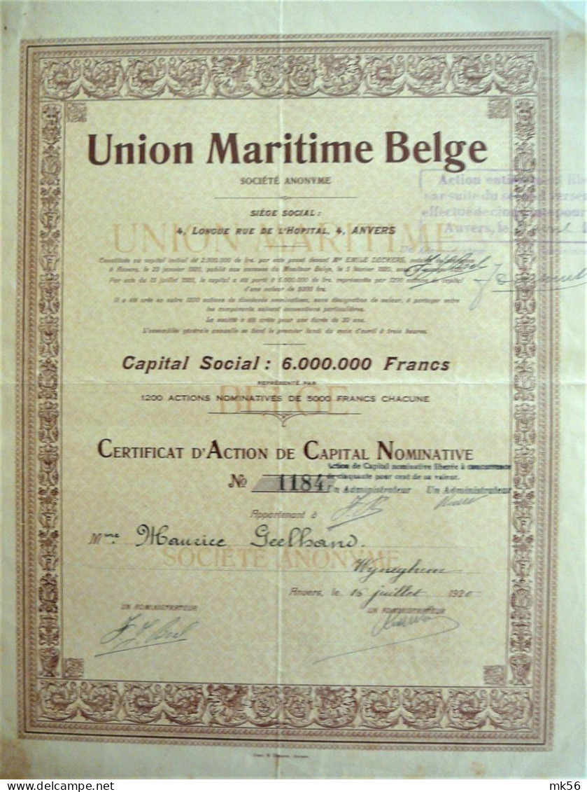 S.A. Union Maritime Belge - Certificat D' Action De Capital  Nominative (1920) Op Naam Van Maurice Geelhand - Navy