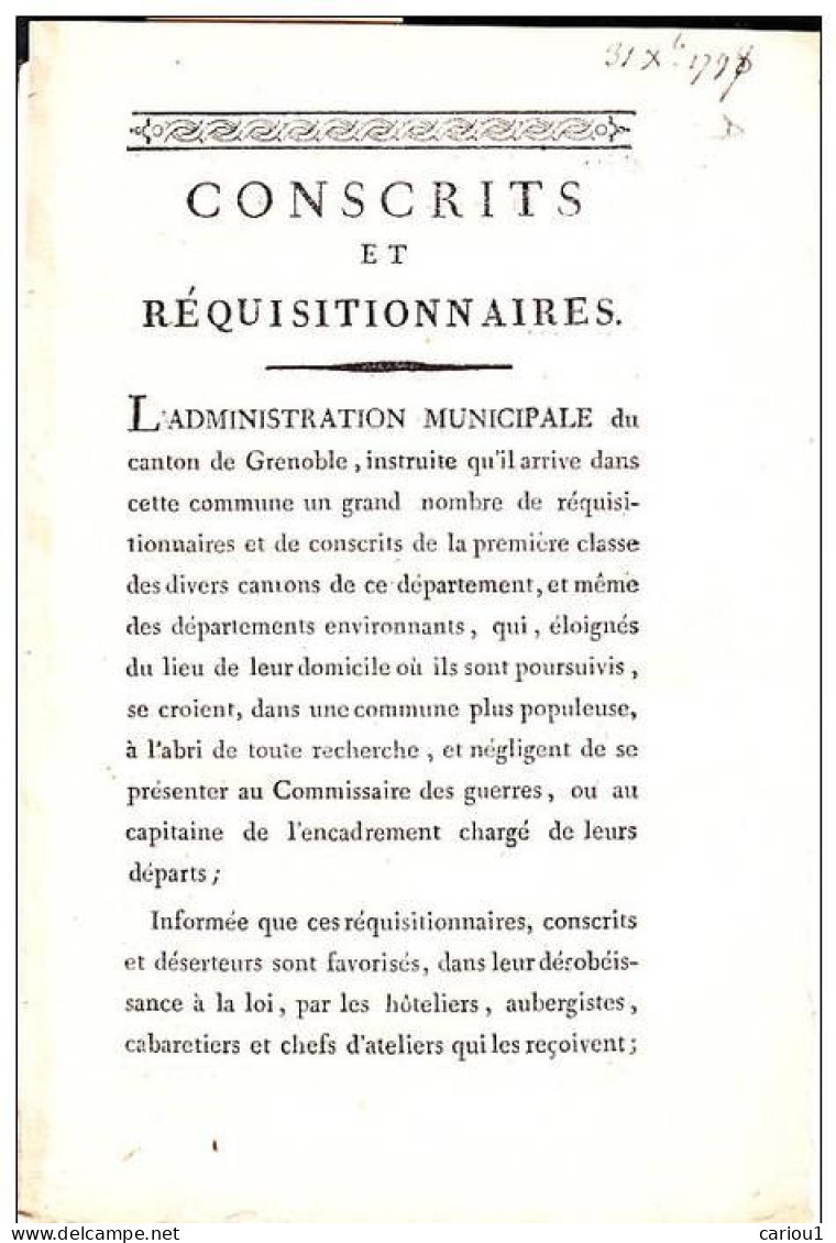 C1 REVOLUTION Administration Municipale GRENOBLE 1798 CONSCRITS REQUISITIONNAIRES DESERTEURS - 1701-1800