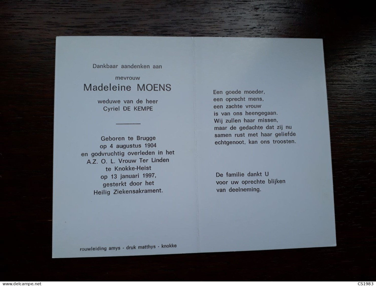 Madeleine Moens ° Brugge 1904 + Knokke-Heist 1997 X Cyriel De Kempe - Obituary Notices