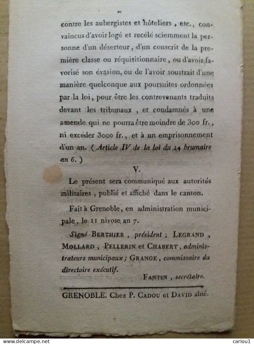 C1 REVOLUTION Administration Municipale GRENOBLE 1798 CONSCRITS REQUISITIONNAIRES DESERTEURS - Francés