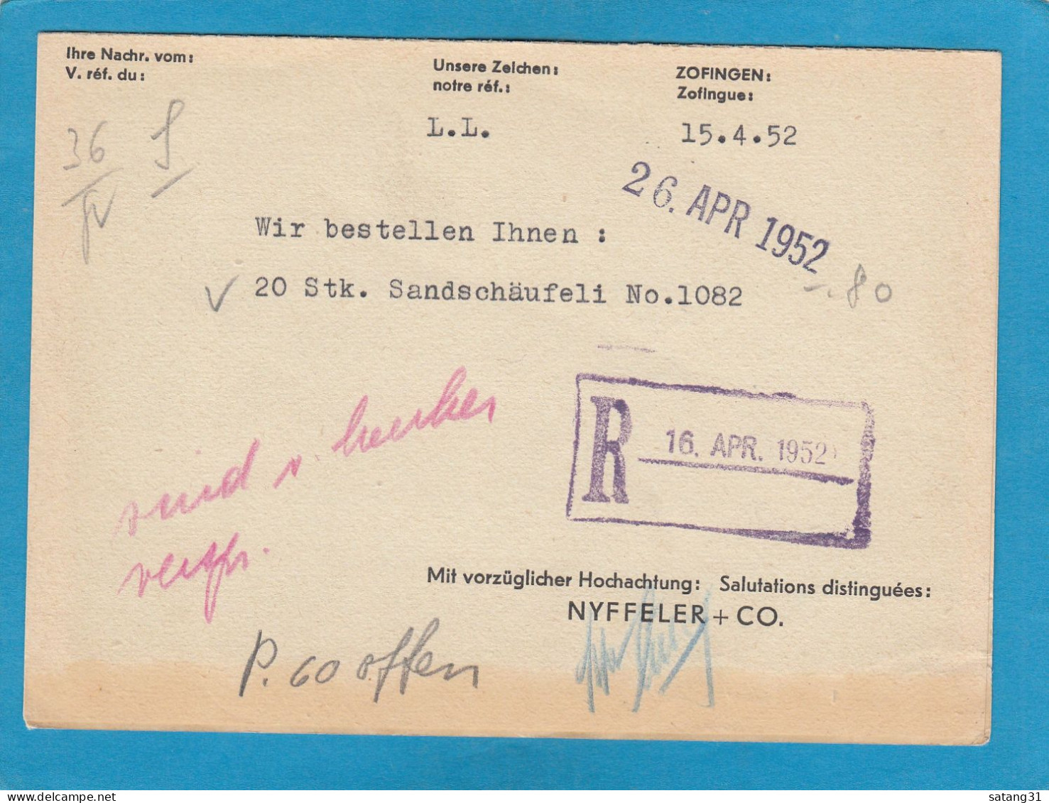 PERFIN/PERFORES/FIRMENLOCHUNG.NYFFLER + CO. EISENHOF  ZOFINGEN, SCHWEIZ, 1952. - 1952-1971 Pre-Decimal Issues