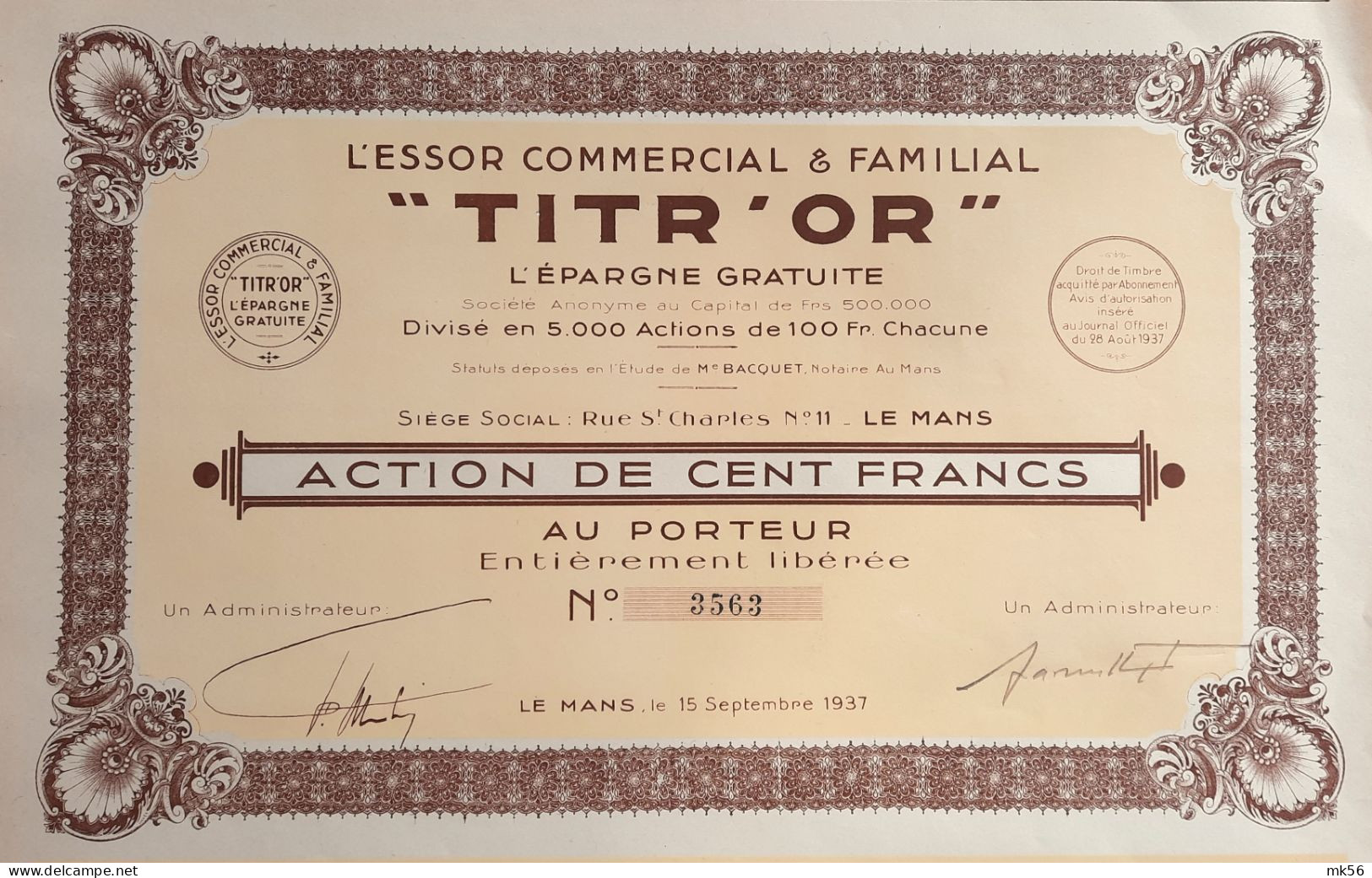 L'essor Commercial & Familial - "Titr-Or" - Le Mans - 1937 - Otros & Sin Clasificación