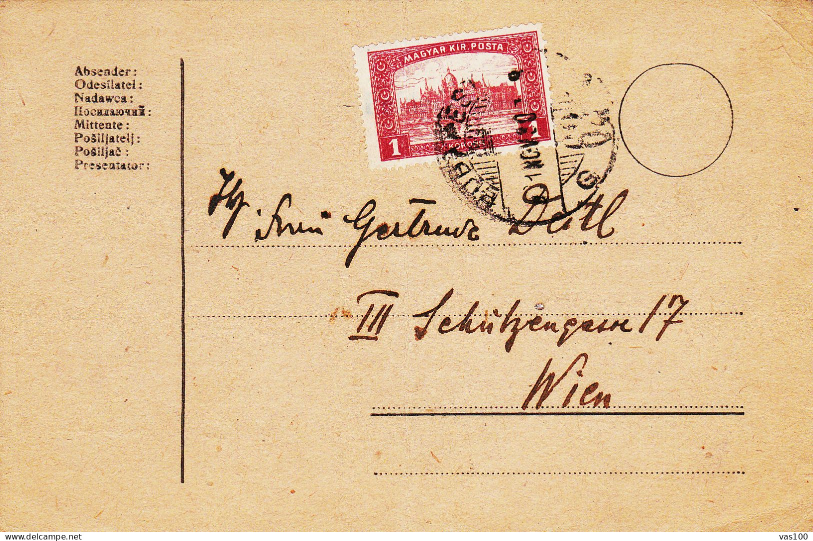 Hungary 1k,PARLIAMENT  POST CARD 1922 FROM BUDAPEST TO WIEN - Covers & Documents