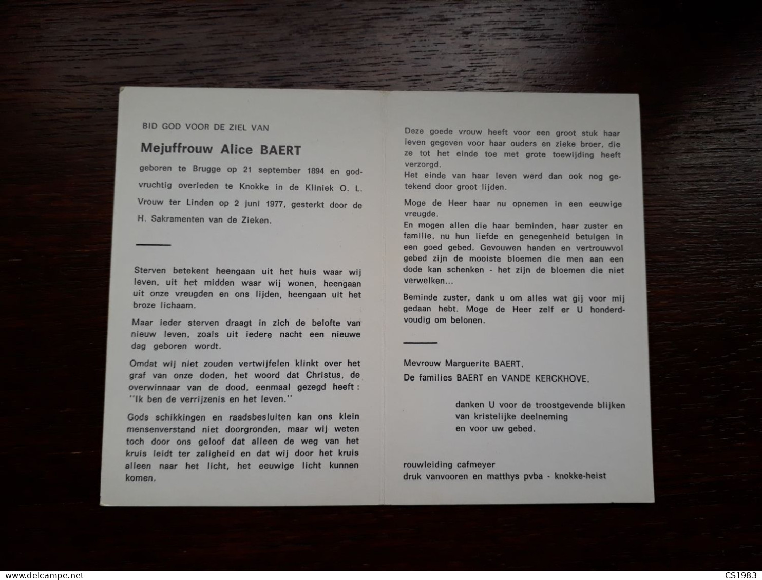 Alice Baert ° Brugge 1894 + Knokke 1977 (Fam: Vande Kerckhove) - Obituary Notices