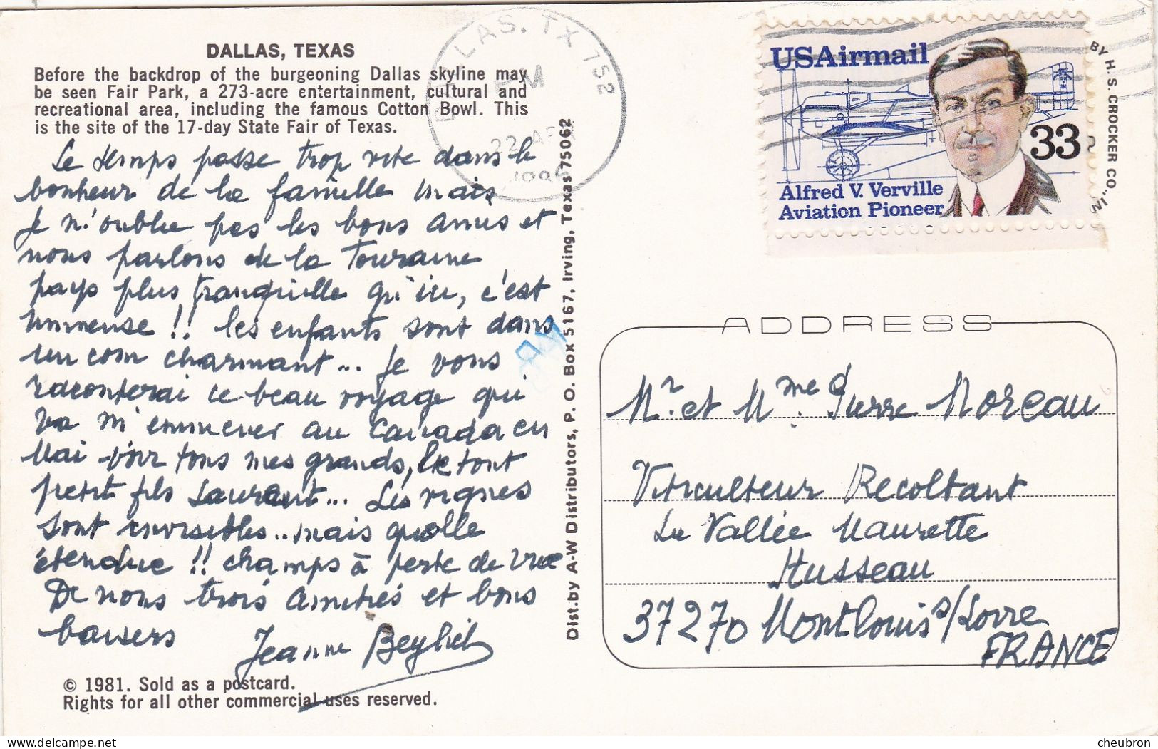ETATS UNIS.TX.DALLAS (ENVOYE DE). VUE GENERALE." SITE OF THE 17- DAY STATE FAIR OF TEXAS ". ANNEE 1985 + TEXTE + TIMBRE - Dallas