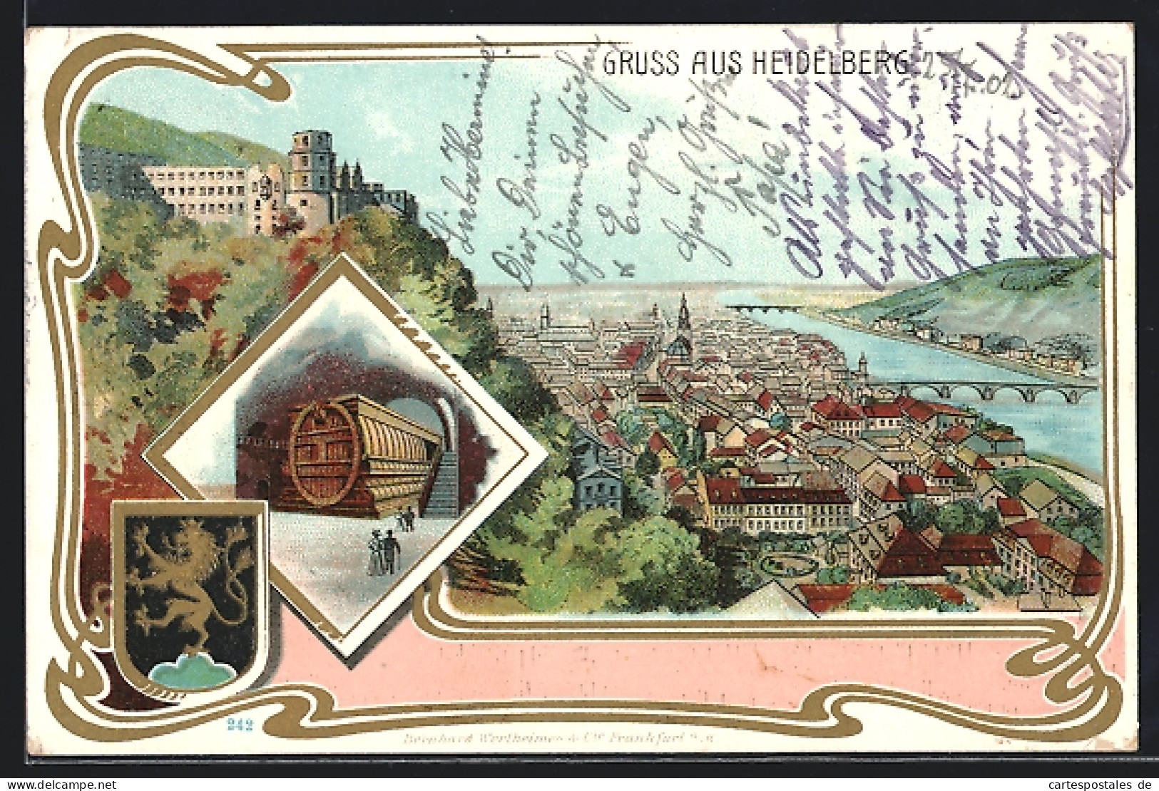 Lithographie Heidelberg, Totalansicht, Grosses Fass Mit Schloss Und Wappen  - Heidelberg