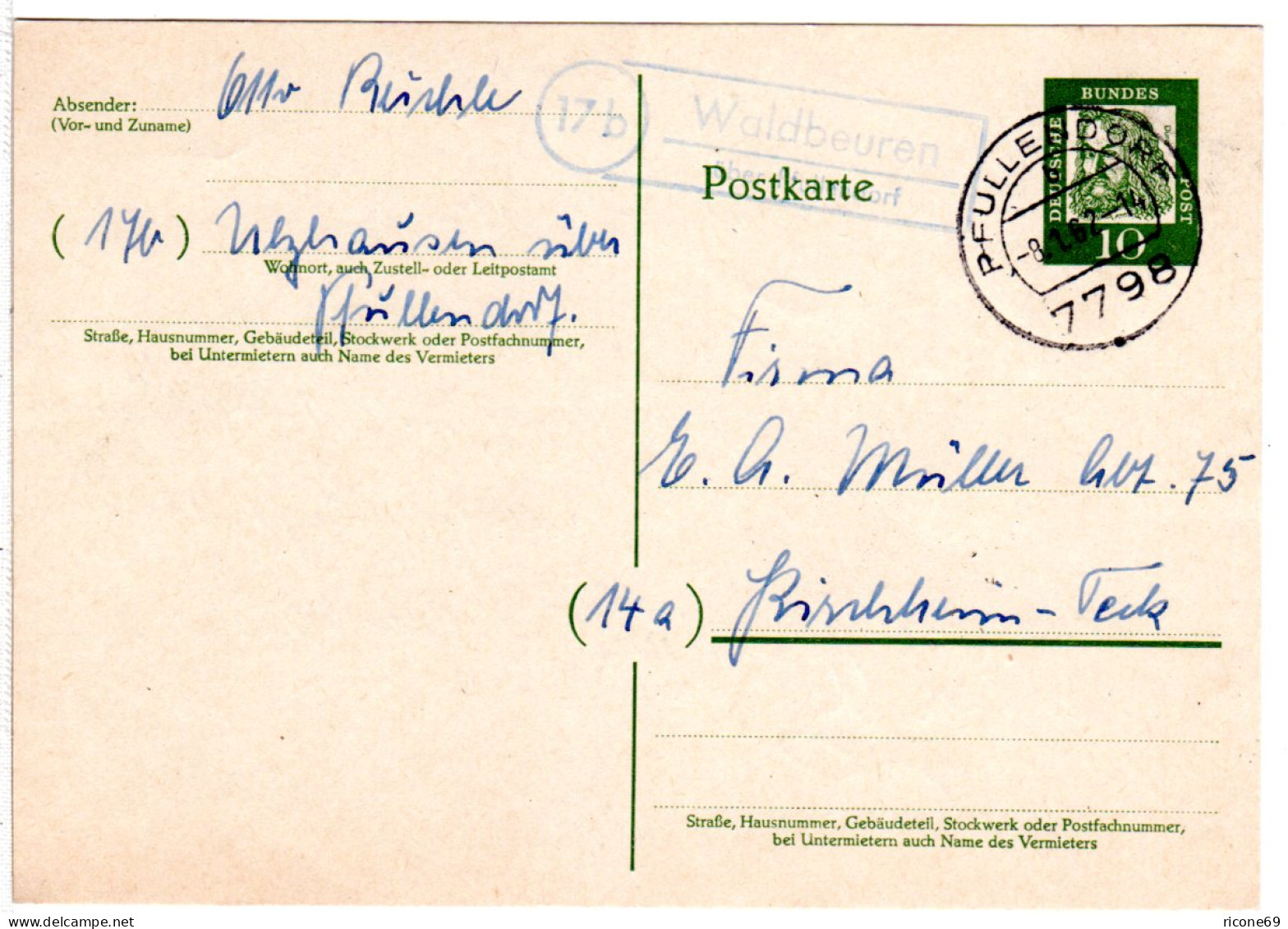 BRD 1962, Landpost Stpl 17b WALDBEUREN über Pfullendorf Auf 10 Pf. Ganzsache  - Collections
