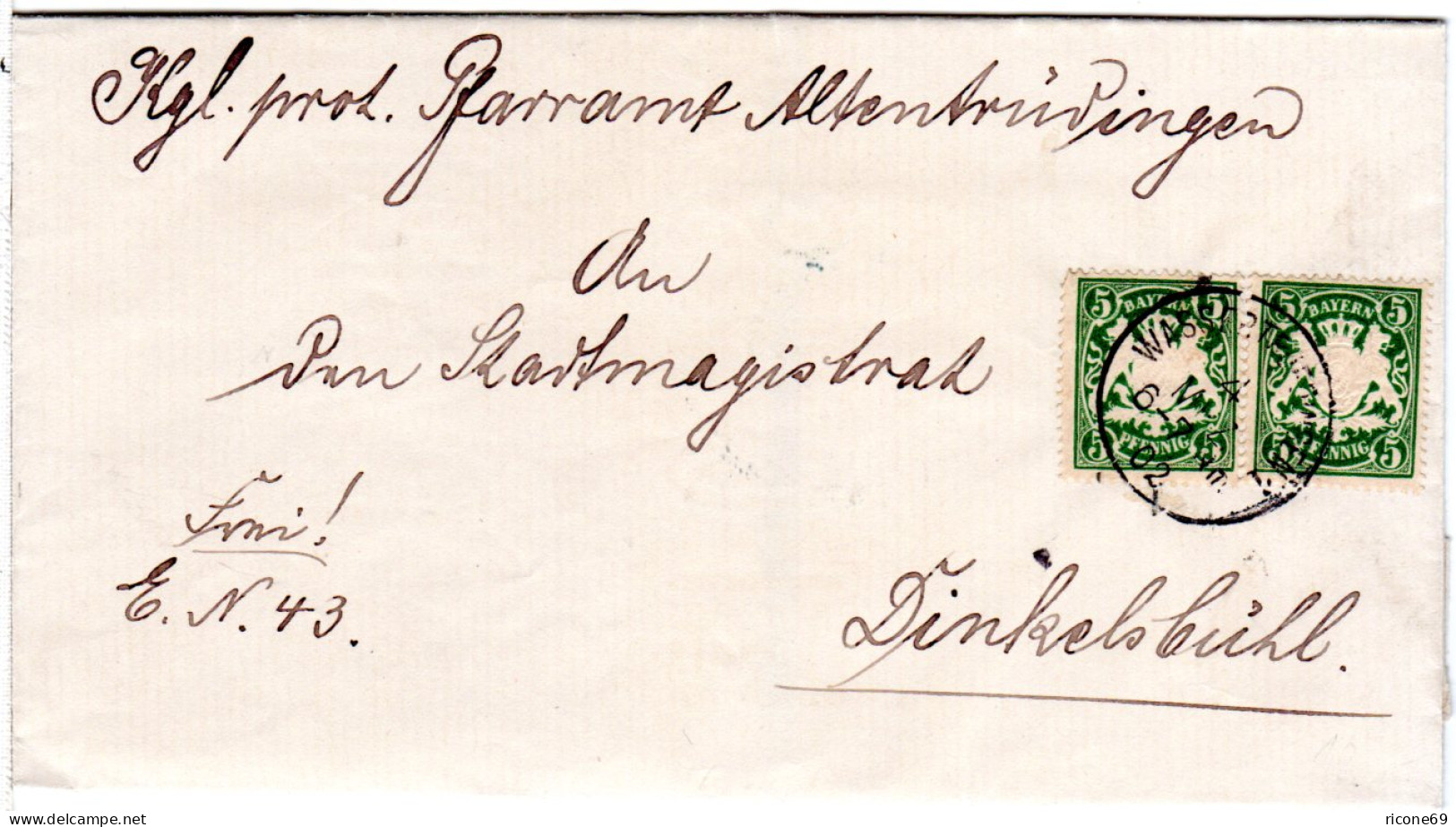 Bayern 1902, K1 WASSERTRÜDINGEN Auf Brief V. Pfarramt Altentrüdingen M. 2x5 Pf.  - Cartas & Documentos