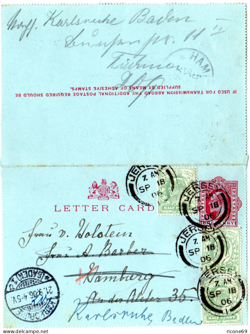 GB 1906, 3x 1/2d Added On 1d Lettercard From JERSEY To Germany. - Autres & Non Classés