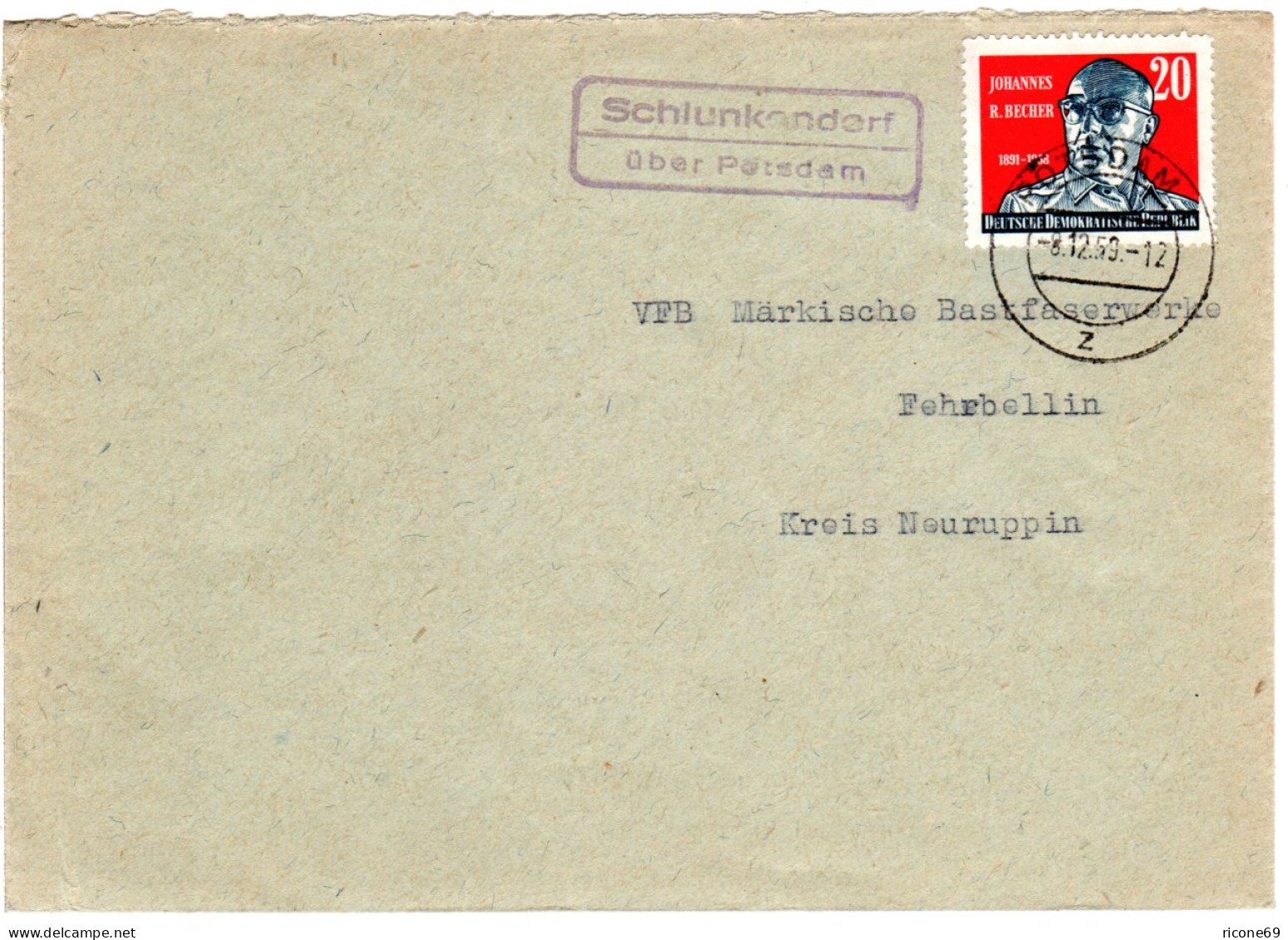 DDR 1959, Landpost Stpl. SCHLUNKENDORF über Potsdam Auf Brief M. 20 Pf. - Covers & Documents