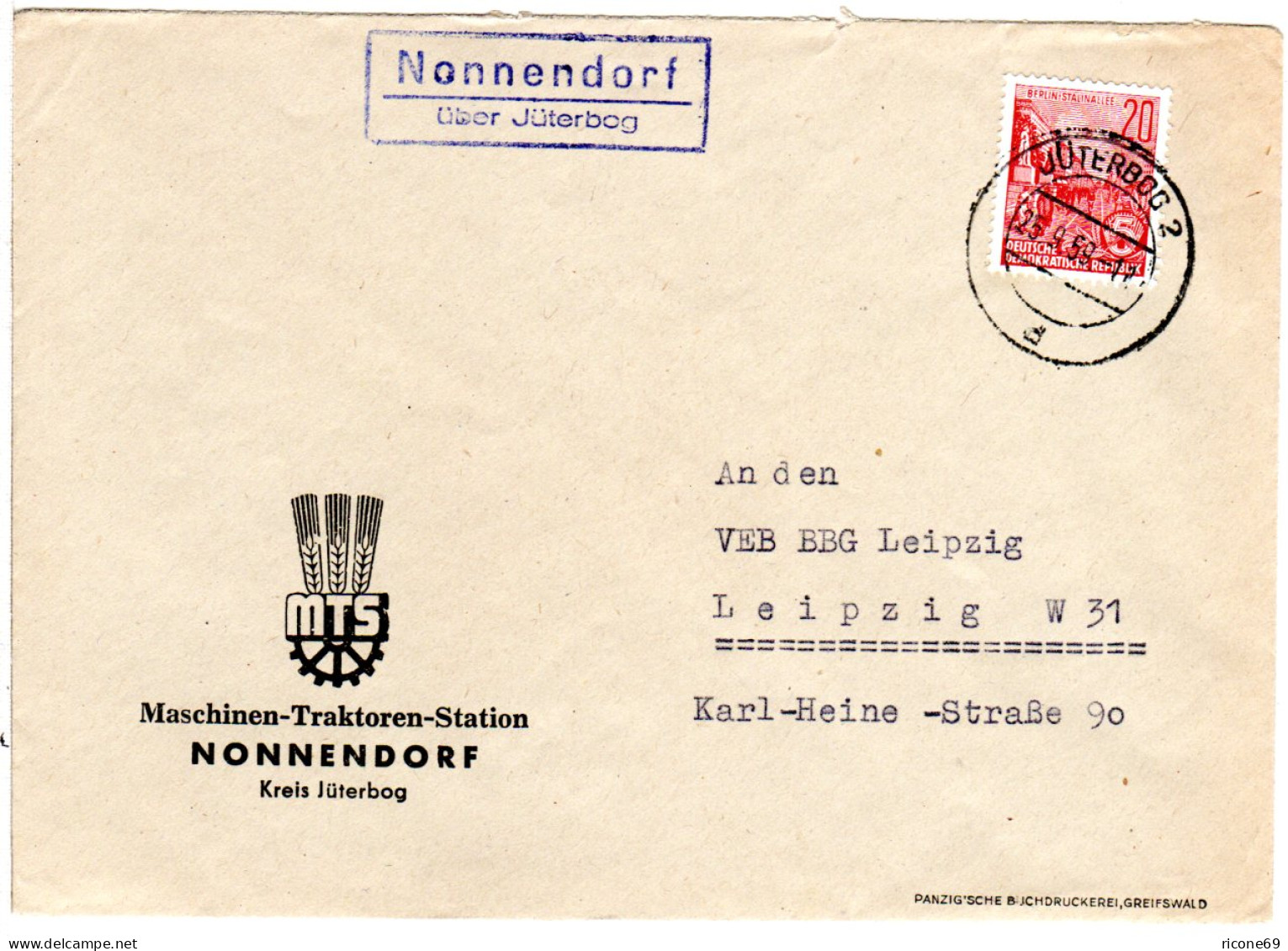 DDR 1959, Landpost Stpl. NONNENDORF über Jüterbog Auf MTS Brief M. 20 Pf. - Covers & Documents