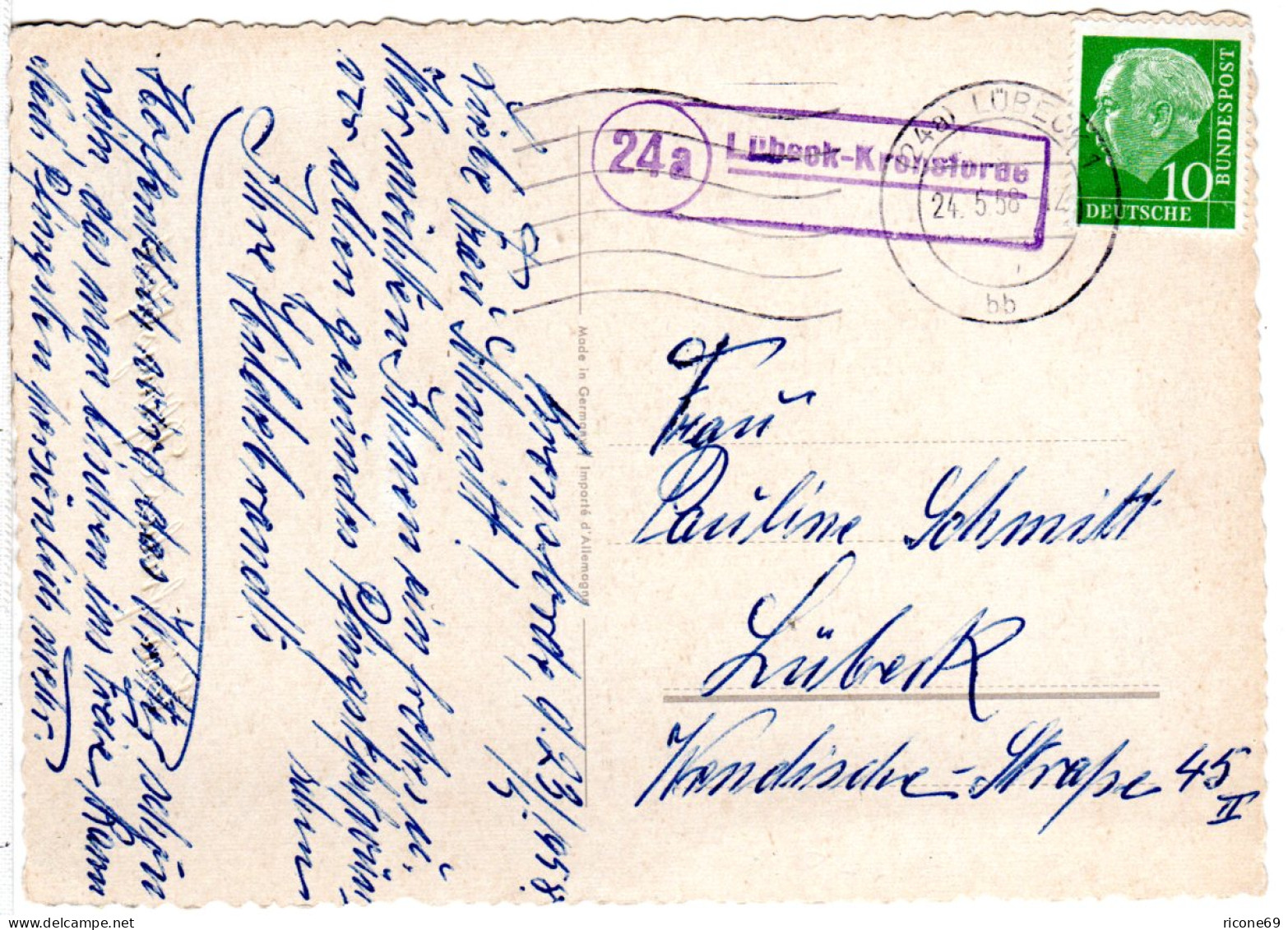 BRD 1958, Landpost Stpl. 24a LÜBECK-KRONSFORDE Auf Karte M. 10 Pf.  - Covers & Documents