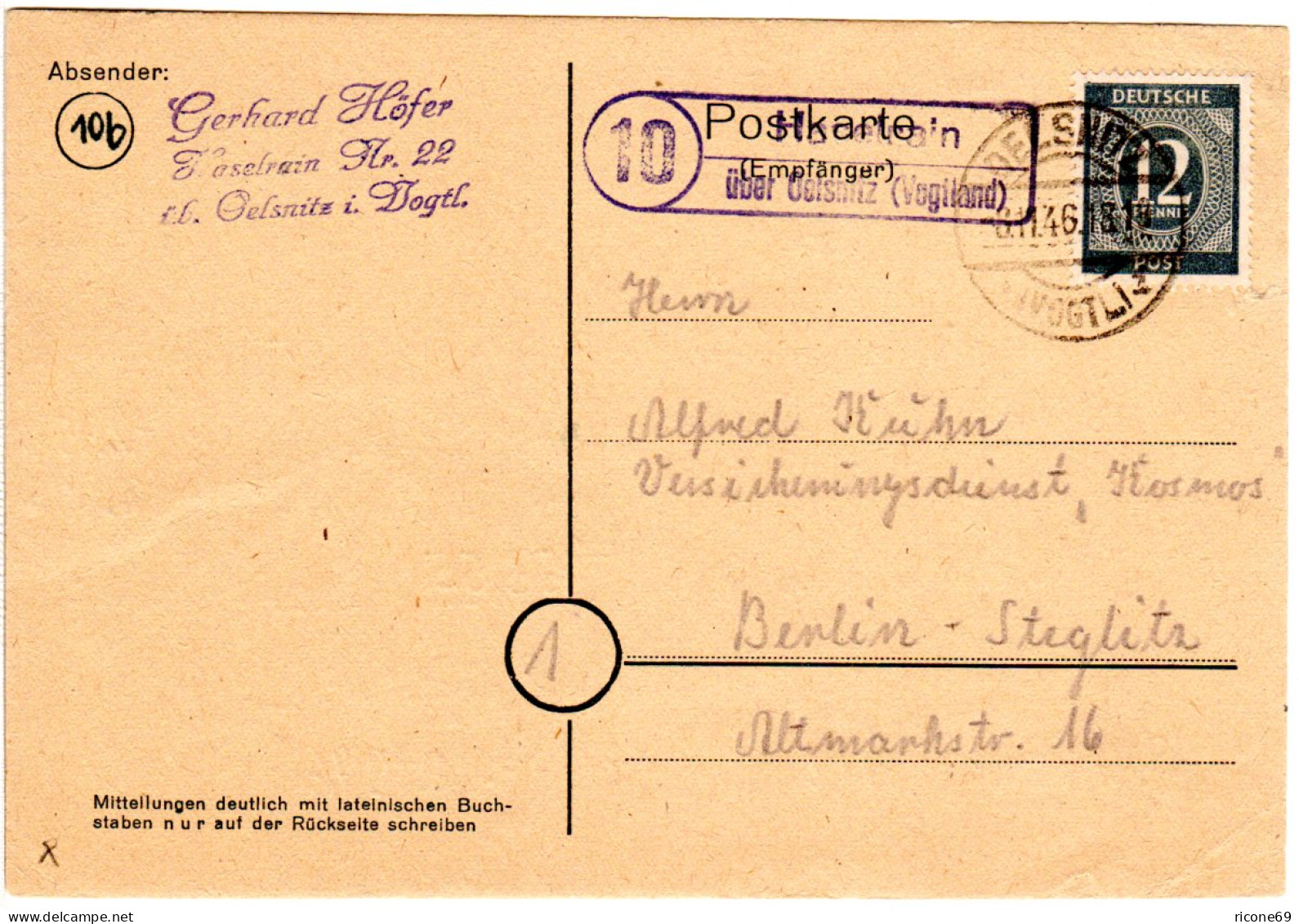 1946, Landpost Stpl. 10 HASELRAIN über Oelsnitz Auf Karte M. 12 Pf. - Briefe U. Dokumente