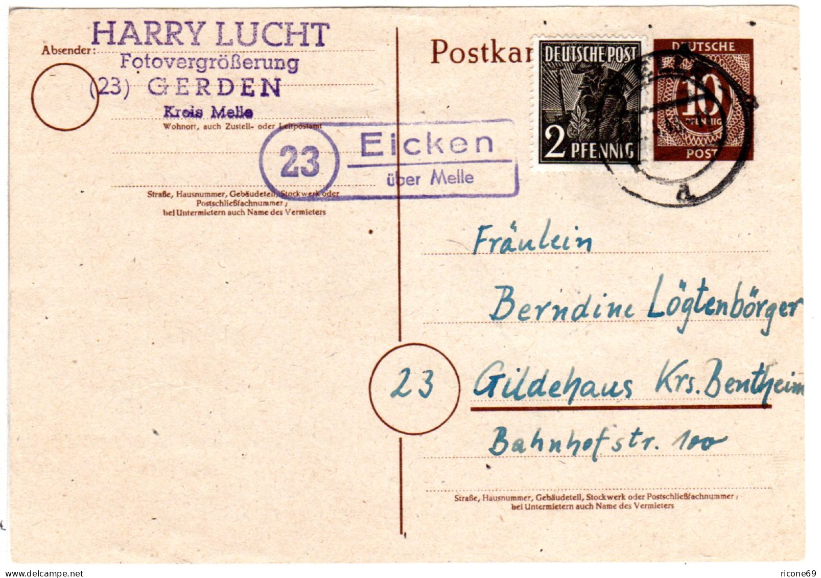 1948, Landpost Stpl. 23 EICKEN über Melle Auf 10 Pf. Ganzsache M. Zusatzfr. - Covers & Documents