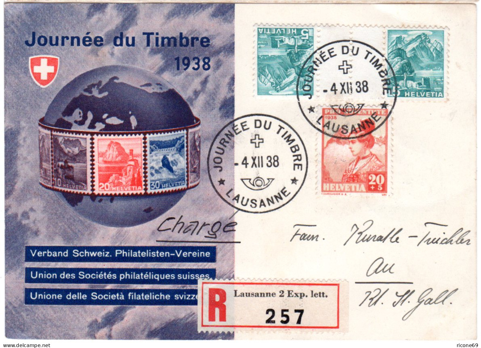 Schweiz 1938, Kehrdruck 5 C+20 C. Pro Juventute Auf Karte Zum Tag Der Briefmarke - Brieven En Documenten