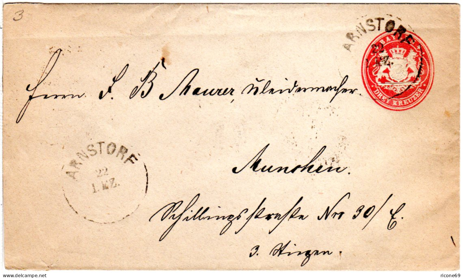 Bayern U3, 3 Kr. Ganzsachenumschlag V. K1 ARNSTORF N. München - Lettres & Documents