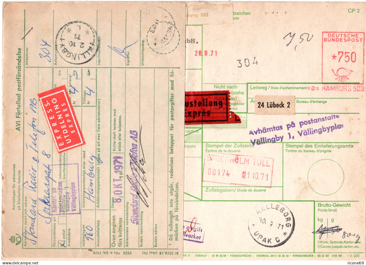 BRD 1971, Eilboten Paketkarte V. Hamburg M. Schweden Porto-Formular - Lettres & Documents