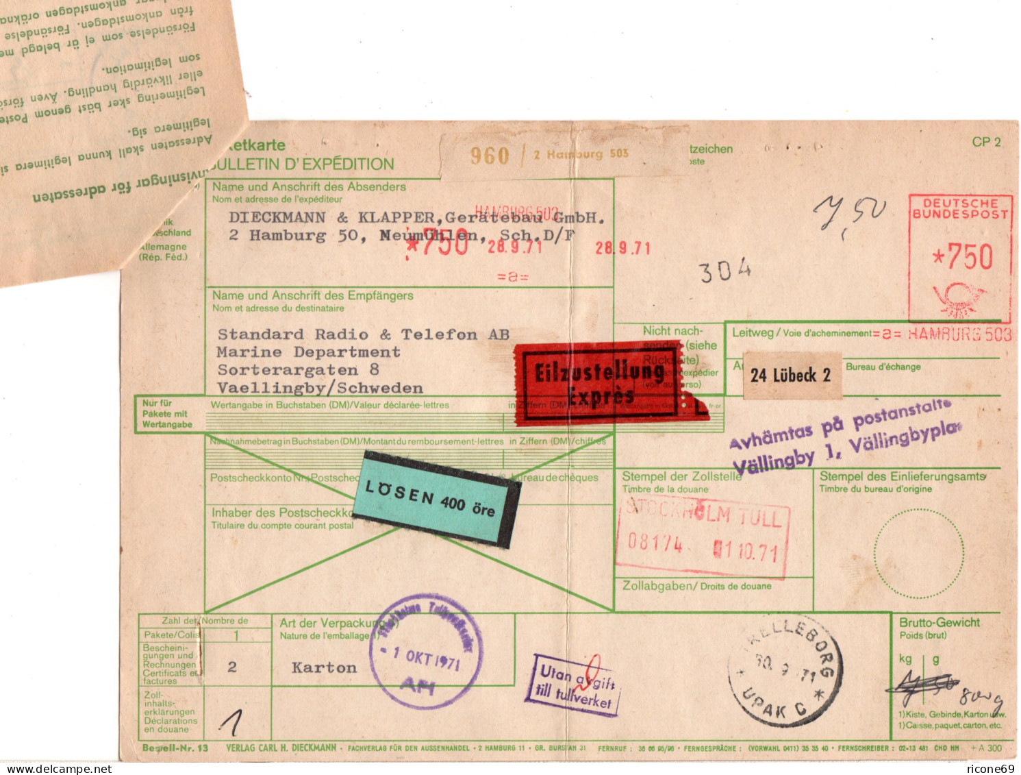 BRD 1971, Eilboten Paketkarte V. Hamburg M. Schweden Porto-Formular - Lettres & Documents