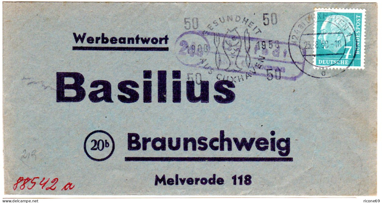 BRD 1958, Landpost Stempel 24a OXSTEDT über Cuxhaven Auf Werbeantwort Brief  - Other & Unclassified