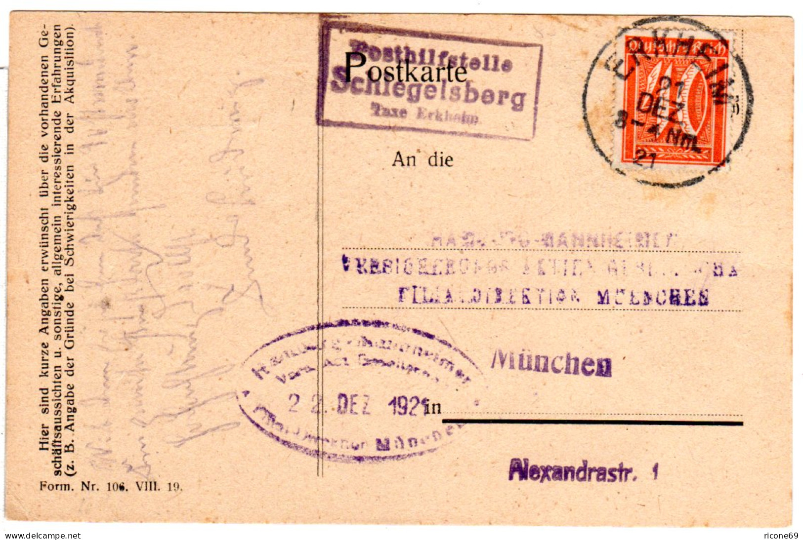 DR 1921, Bayern Posthilfstelle SCHLEGELSBERG Taxe Erkheim Auf Karte M. 40 Pf.  - Lettres & Documents